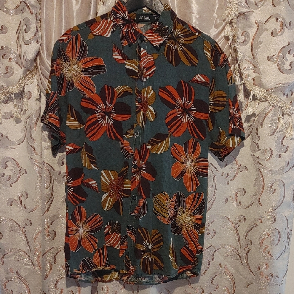 Jogal Men’s Short Sleeve Floral Button-Down Shirt - Teal with Orange Floral Set